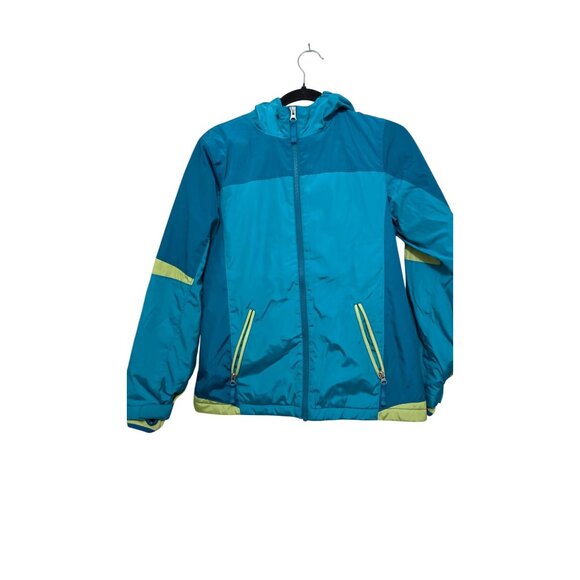 Land's End Kids Hooded Ski Winter Jacket Blue & Lime Green Size 14 - Picture 1 of 8